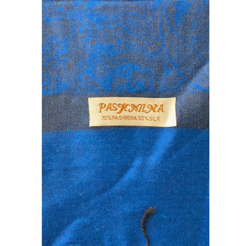 70% Pashmina 30% Silk Blue Black Paisley Shawl Wrap Fringe Scarf